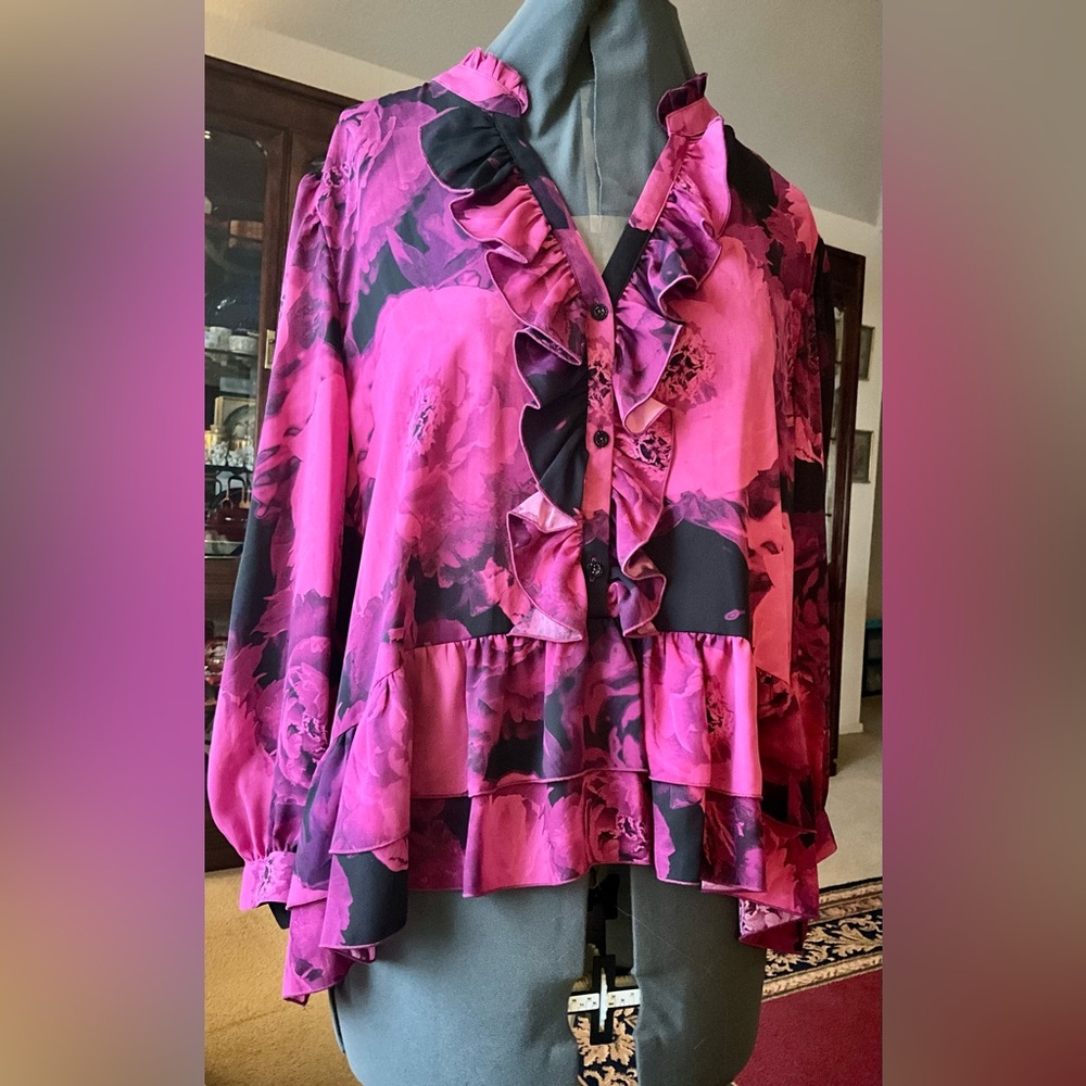 Floral Ruffle Button Up Blouse - Pink